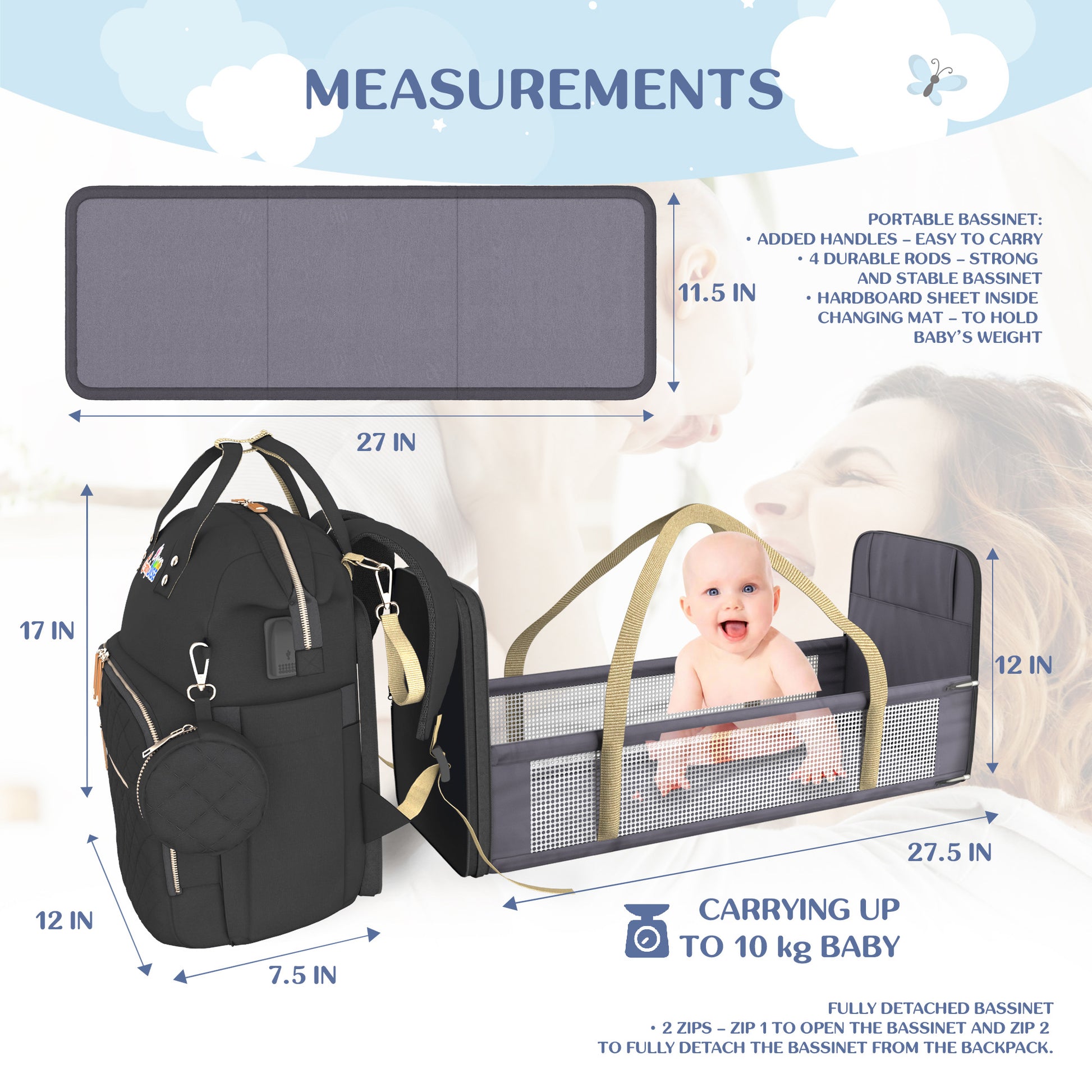 Babydise Baby diaper bag-MULTIFUNCTIONAL 7-in-1-Upgraded-Fully